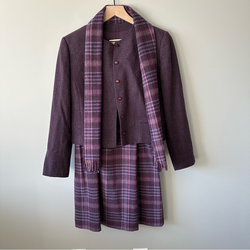 Pendleton Blazer Skirt Scarf Set Sz 8 10 Purple Plaid Wool Vintage Made in USA